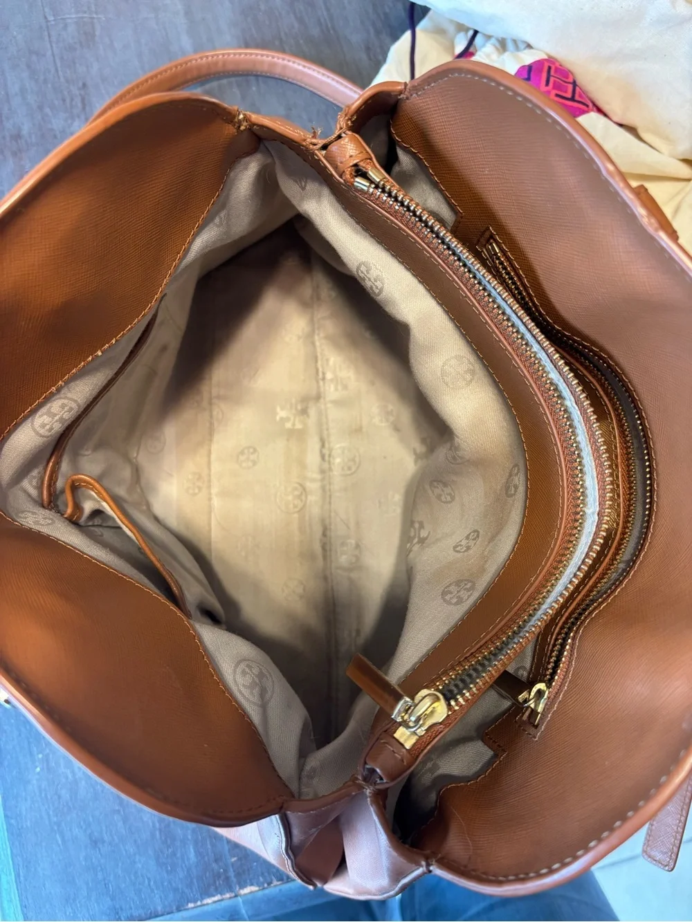 Tory Burch Cognac Leather Dome Satchel with Gold Hardware